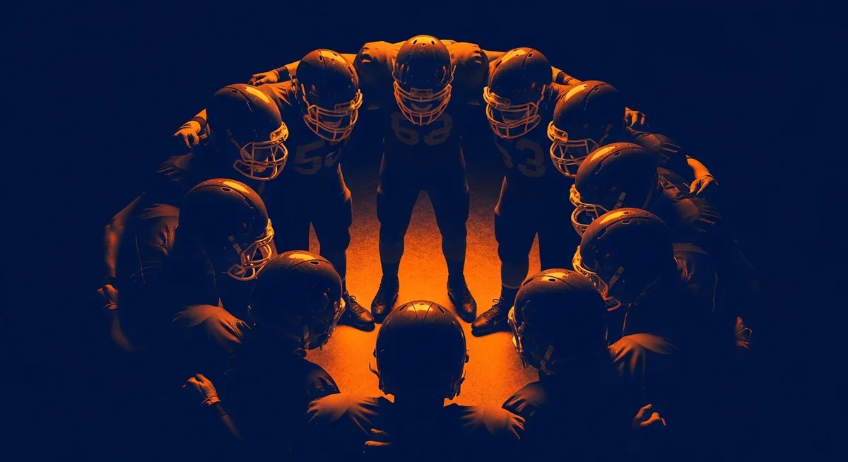 Abstract depiction of football players in a huddle, strategizing.