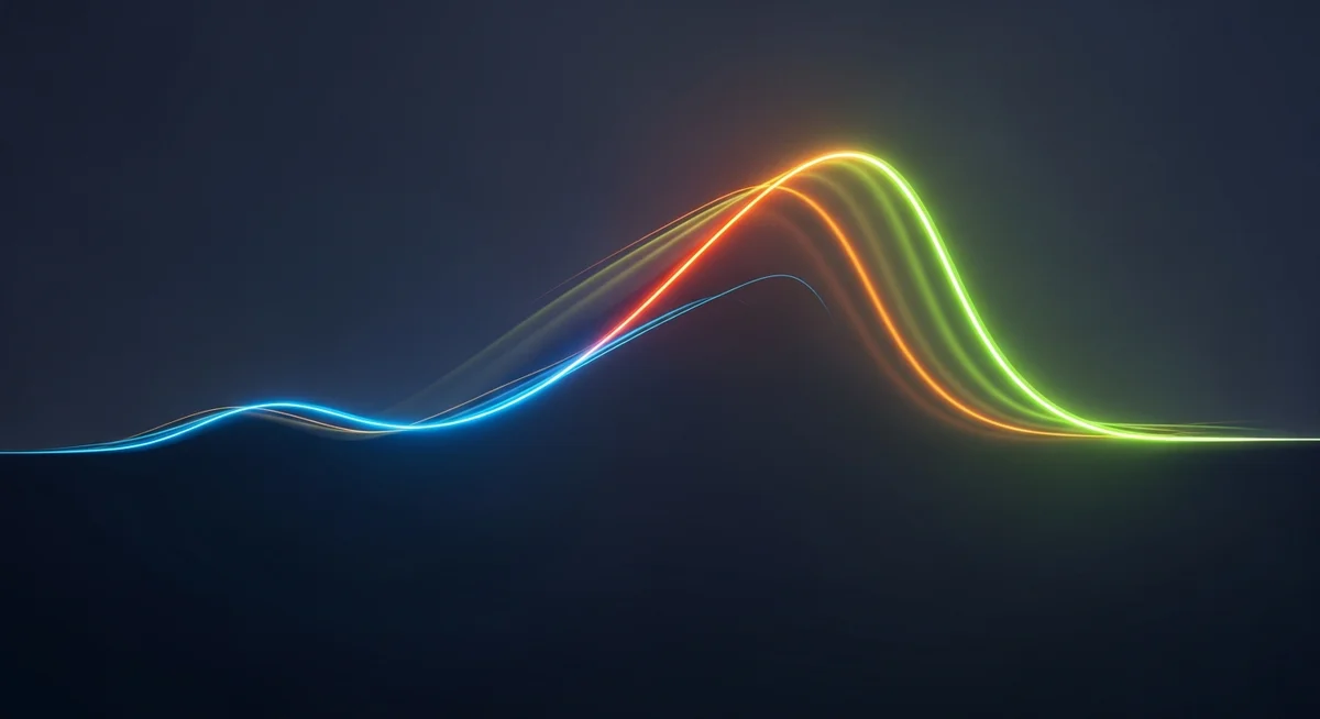 Abstract duotone illustration of an ascending energy curve against a dark background, representing timed energy flow for athletic performance.