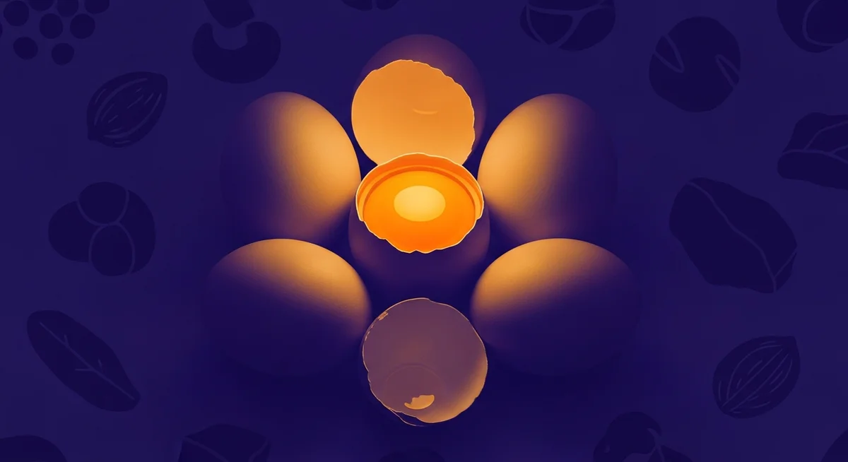 Duotone illustration of whole and cracked eggs in a minimalist, high-contrast composition, representing natural protein sources.