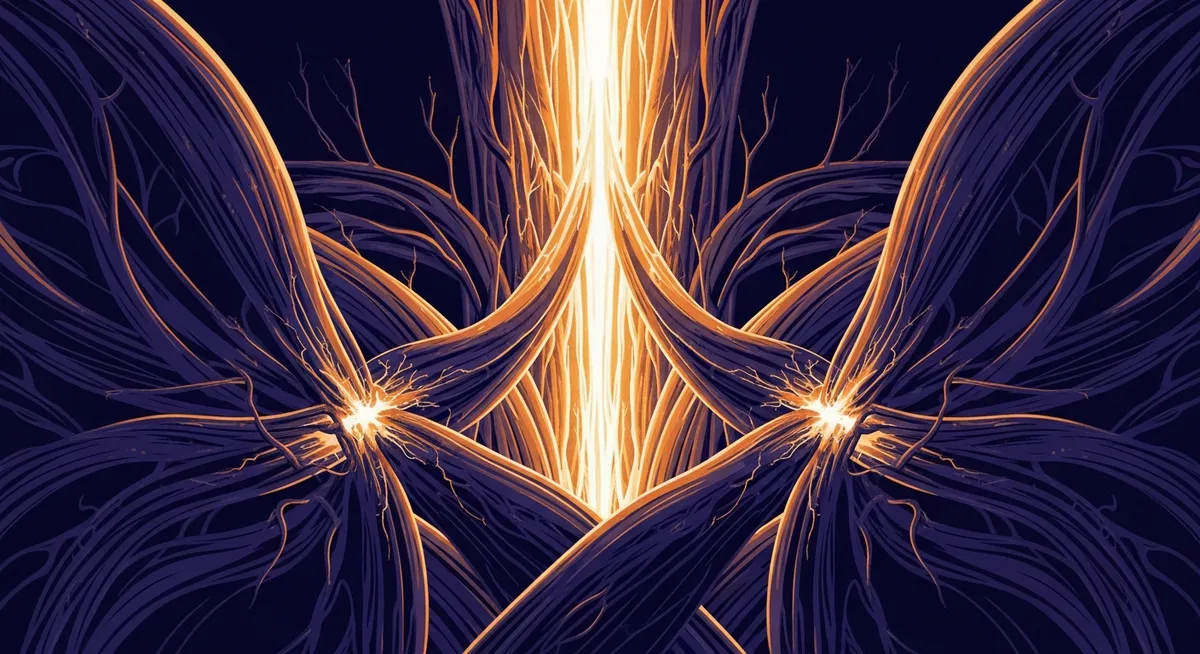 Abstract duotone illustration showing stylized muscle fibers regenerating with upward-surging energy, representing muscle repair and growth.