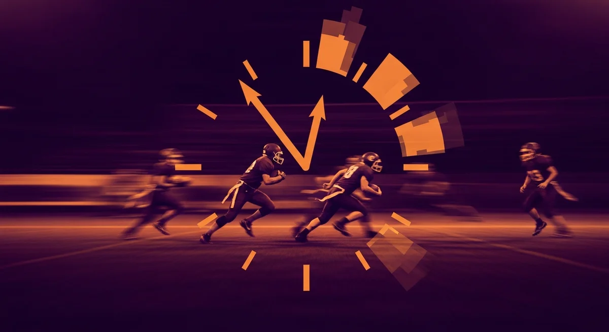 Duotone illustration showing a fragmented clock face over dynamic, blurred field lines, representing continuous game time and strategic timeouts in flag football.