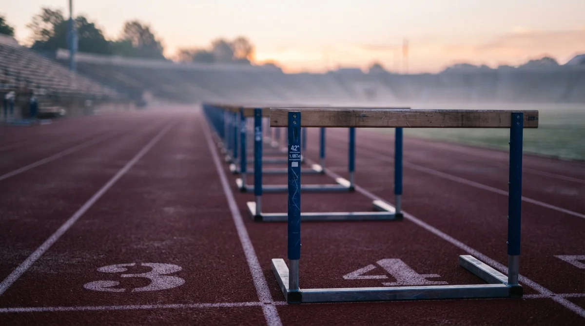 Des haies d'athlétisme sont alignées sur une piste de course marquée par des numéros au sol
