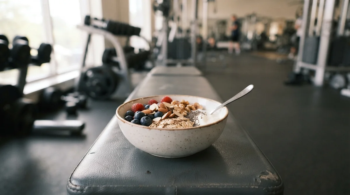A modest, fresh bowl of natural ingredients like berries, oats, and nuts rests on a clean, dark grey gym bench