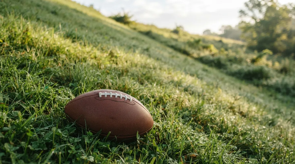 A pristine American football rests at the base of a steep, dew-kissed grassy hill