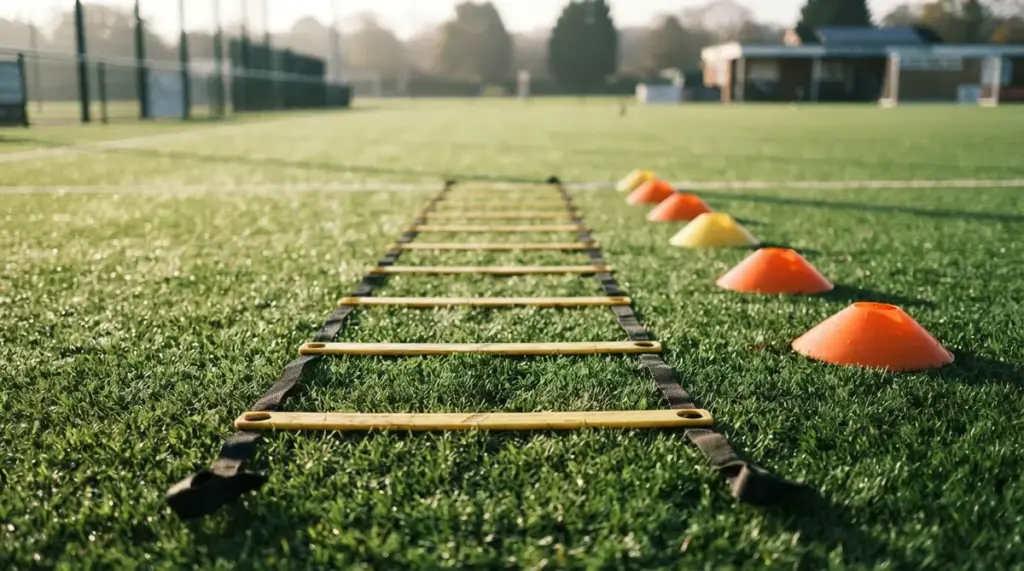 Une échelle de rythme et des cônes d'entraînement disposés sur une pelouse synthétique de terrain de sport