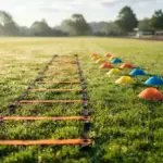 Agility ladder and training cones neatly arranged on vibrant, dew-kissed green turf under crisp early morning sunlight