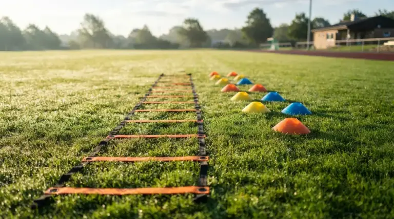 Agility ladder and training cones neatly arranged on vibrant, dew-kissed green turf under crisp early morning sunlight
