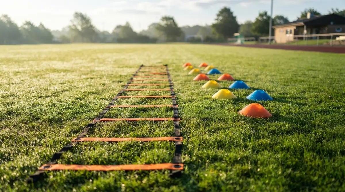 Agility ladder and training cones neatly arranged on vibrant, dew-kissed green turf under crisp early morning sunlight