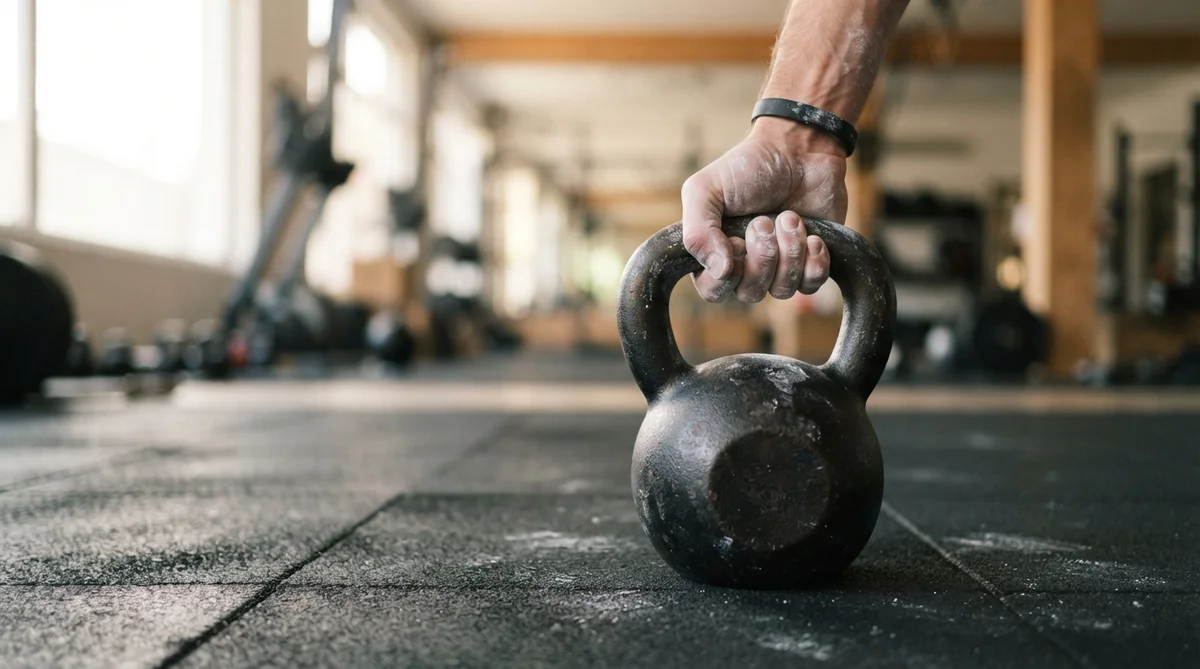 Main de personne tenant un kettlebell en fer posé sur le sol d'une salle de sport