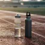 Deux bouteilles d'eau posées sur une piste d'athlétisme en plein air