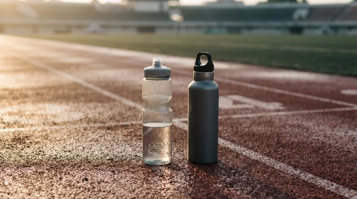 Deux bouteilles d'eau posées sur une piste d'athlétisme en plein air