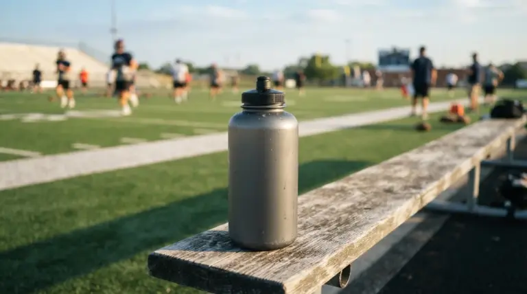 Une gourde grise posée sur un banc en bois au bord d'un terrain de football avec des joueurs