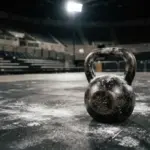 A heavy, worn kettlebell and chalk dust covering a rubber gym floor in an empty arena
