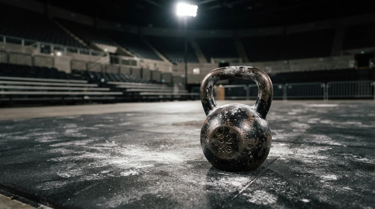 A heavy, worn kettlebell and chalk dust covering a rubber gym floor in an empty arena