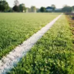 Une ligne blanche sur un terrain de gazon artificiel bordé par une piste d'athlétisme en terre battue