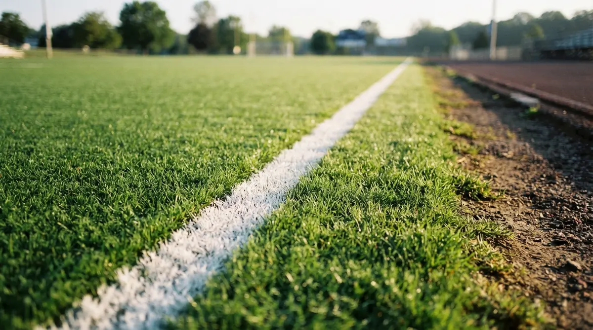 Une ligne blanche sur un terrain de gazon artificiel bordé par une piste d'athlétisme en terre battue