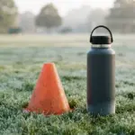 Une bouteille noire et un cône orange posés sur de l'herbe givrée en extérieur