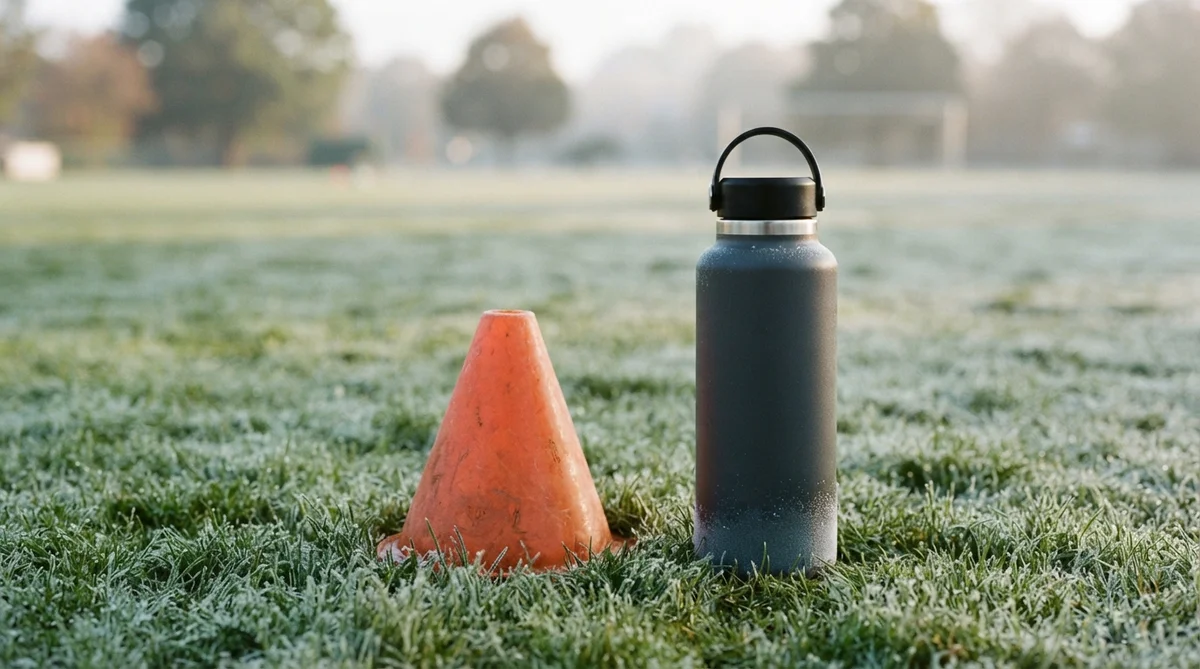 Une bouteille noire et un cône orange posés sur de l'herbe givrée en extérieur