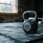 Kettlebell noir posé sur un tapis en caoutchouc dans une salle de sport devant une fenêtre