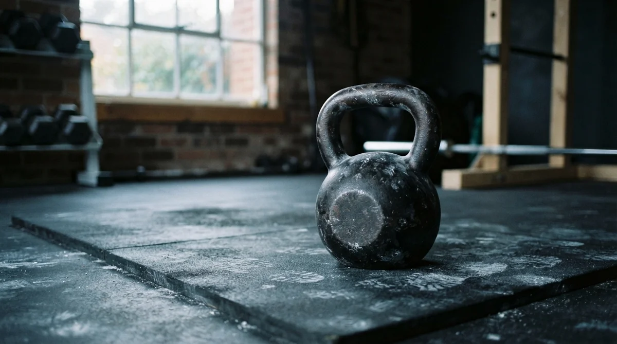 Kettlebell noir posé sur un tapis en caoutchouc dans une salle de sport devant une fenêtre