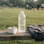 Rolled athletic tape, a plain water bottle, and a towel arranged on a weathered wooden bench