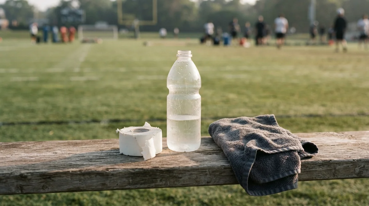 Rolled athletic tape, a plain water bottle, and a towel arranged on a weathered wooden bench