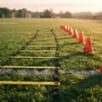 Training cones and an agility ladder laid out sequentially on vibrant green athletic field grass at dawn