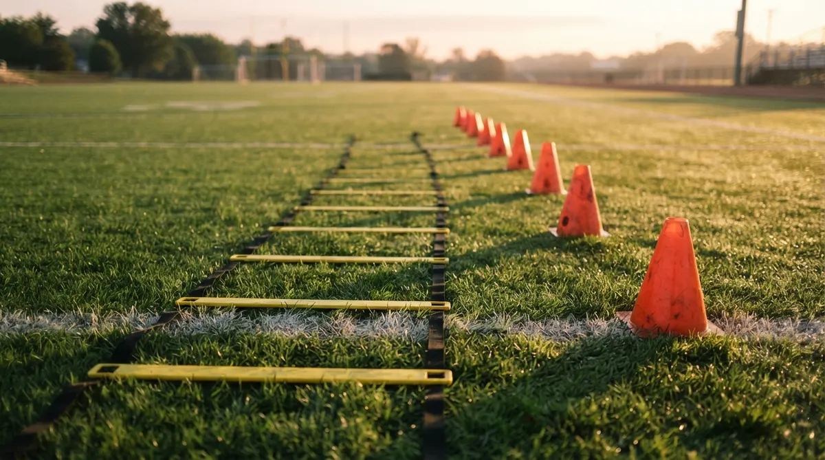 Training cones and an agility ladder laid out sequentially on vibrant green athletic field grass at dawn
