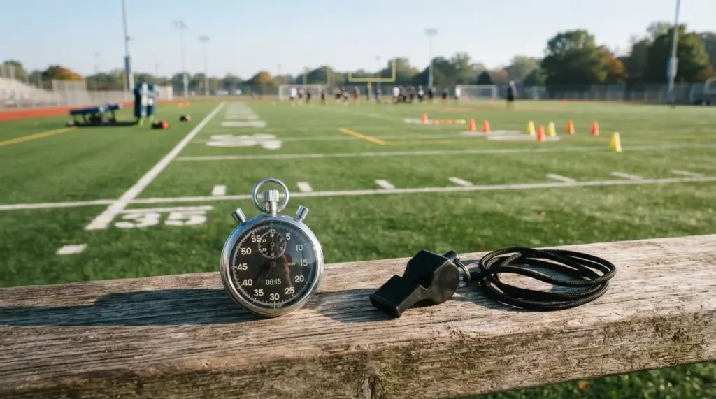 A metal stopwatch and a black whistle rest on a wooden bench, overlooking a freshly chalked American football practice field