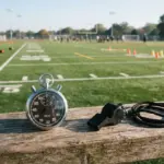 A metal stopwatch and a black whistle rest on a wooden bench, overlooking a freshly chalked American football practice field
