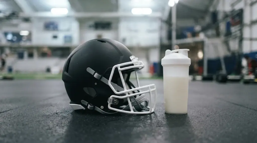 A pristine American football helmet rests on a smooth rubber gym floor next to a simple, unbranded