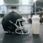 A pristine American football helmet rests on a smooth rubber gym floor next to a simple, unbranded