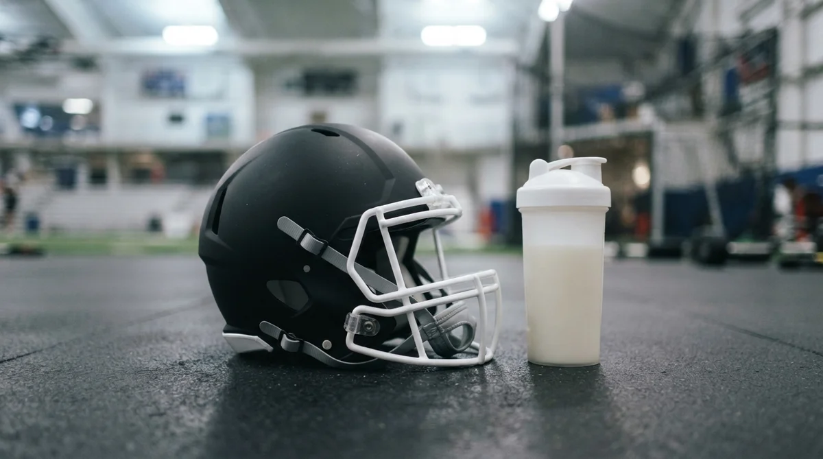 A pristine American football helmet rests on a smooth rubber gym floor next to a simple, unbranded